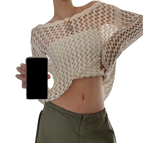 RTGSE Frauen Y2K Crochet Crop Top Langarm Strick Color Block Top Square Neck Crochet Aushöhlen Pullover Pullover 90er Streetwear von RTGSE