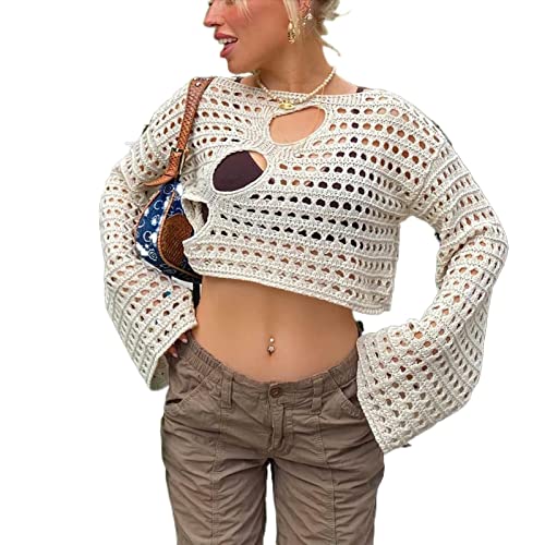 RTGSE Frauen Y2K Crochet Crop Top Langarm Strick Color Block Top Square Neck Crochet Aushöhlen Pullover Pullover 90er Streetwear von RTGSE