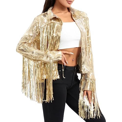 RTGSE Frauen funkelnde Pailletten Jacke glänzender Glitzer Quasten Fringe Sem Disco Jacket Paillettenrandjacke Mantel Y2K 90S Streetwear (Gold, M) von RTGSE