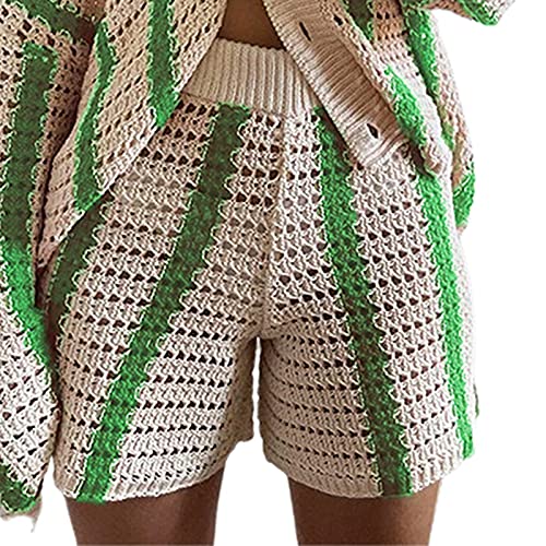 RTGSE Frauen häkeln 2-teiliges Strick-Outfit-Set Langarm 2-teiliger Trainingsanzug Sweatsuit Button-Down-Hemd + Shorts mit hoher Taille (Green Shorts, Large) von RTGSE