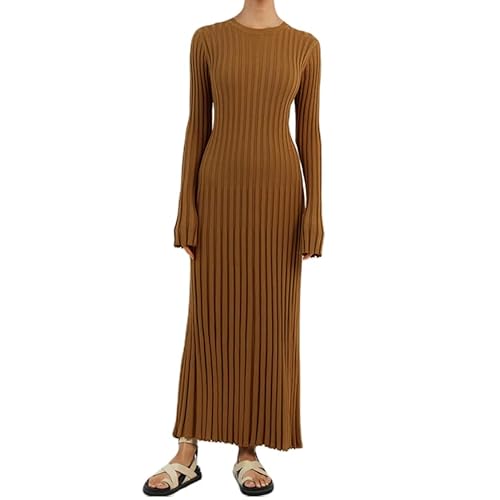 RTGSE Frauen mit langem Ärmel Rib strickte Lange Kleid eleganter Crew Hals gerippt gestrickt Midi Kleid Feste Farbe Maxi Kleid Streetwear (A Camel, L) von RTGSE