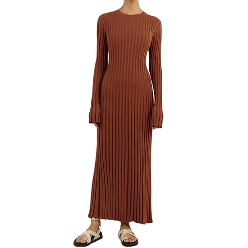 RTGSE Frauen mit langem Ärmel Rib strickte Lange Kleid eleganter Crew Hals gerippt gestrickt Midi Kleid Feste Farbe Maxi Kleid Streetwear (A Reddish Coffee, M) von RTGSE