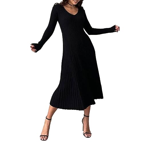 RTGSE Frauen mit langem Ärmel Rib strickte Lange Kleid eleganter Crew Hals gerippt gestrickt Midi Kleid Feste Farbe Maxi Kleid Streetwear (T Black, L) von RTGSE