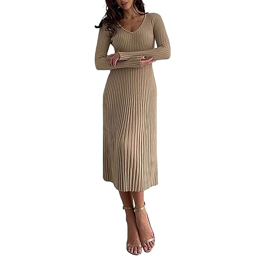 RTGSE Frauen mit langem Ärmel Rib strickte Lange Kleid eleganter Crew Hals gerippt gestrickt Midi Kleid Feste Farbe Maxi Kleid Streetwear (T Khaki, L) von RTGSE