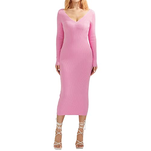 RTGSE Frauen mit langem Ärmel Rib strickte Lange Kleid eleganter Crew Hals gerippt gestrickt Midi Kleid Feste Farbe Maxi Kleid Streetwear (U Pink, M) von RTGSE