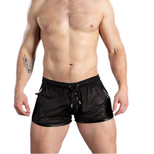 RTGSE Herren Sommer Mesh Sport Shorts Kordelzug Elastische Taille Seitliche Atmung Jogginghose Workout Gym Fitness Laufen Sexy (Black, Large) von RTGSE