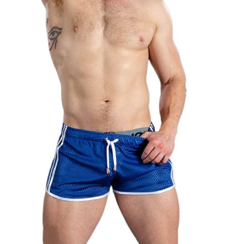 RTGSE Herren Sommer Mesh Sport Shorts Kordelzug Elastische Taille Seitliche Atmung Jogginghose Workout Gym Fitness Laufen Sexy (Blue, Medium) von RTGSE