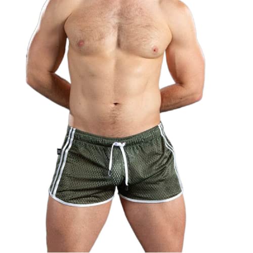 RTGSE Herren Sommer Mesh Sport Shorts Kordelzug Elastische Taille Seitliche Atmung Jogginghose Workout Gym Fitness Laufen Sexy (Green, Medium) von RTGSE