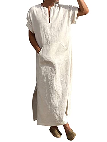 RTGSE Herren V-Ausschnitt Kurzarm Robe Kaftan Side Split Casual Langes Kleid Thobe Nachthemd Hemd Loungewear Sommer Beachwear (White, Large) von RTGSE