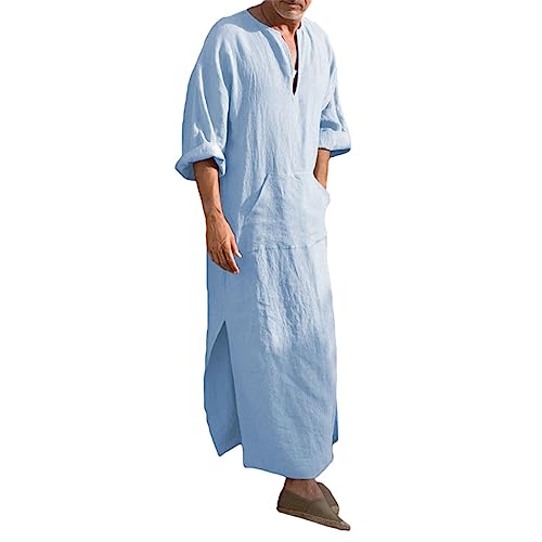 Herren V-Ausschnitt Kurzarm Robe Kaftan Side Split Casual Langes Kleid Thobe Nachthemd Hemd Loungewear Sommer Sleepwear Beachwear (M Light Blue, L) von RTGSE