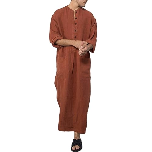 Herren V-Ausschnitt Kurzarm Robe Kaftan Side Split Casual Langes Kleid Thobe Nachthemd Hemd Loungewear Sommer Sleepwear Beachwear (Q Brown, XL) von RTGSE