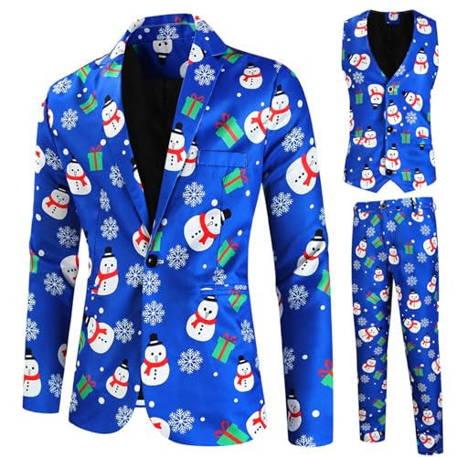 RTGSE Herren Weihnachtsanzug Hässliche Weihnachtskostüm Anzug Jacke + Ärmellose Weste + Lange Hosen Hose 3 Stück Kleidung Sets für Party (D Blue, L) von RTGSE