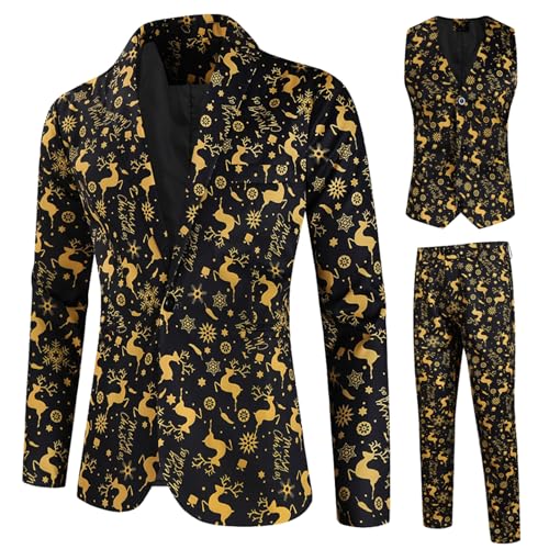 RTGSE Herren Weihnachtsanzug Hässliche Weihnachtskostüm Anzug Jacke + Ärmellose Weste + Lange Hosen Hose 3 Stück Kleidung Sets für Party (H Gold, L) von RTGSE