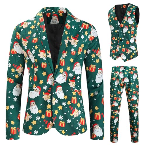 RTGSE Herren Weihnachtsanzug Hässliche Weihnachtskostüm Anzug Jacke + Ärmellose Weste + Lange Hosen Hose 3 Stück Kleidung Sets für Party (N Green, M) von RTGSE