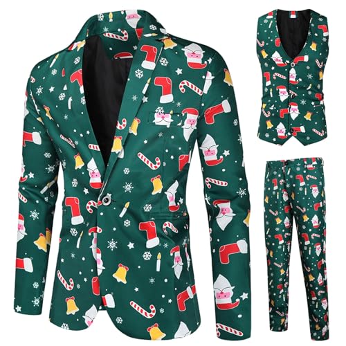 RTGSE Herren Weihnachtsanzug Hässliche Weihnachtskostüm Anzug Jacke + Ärmellose Weste + Lange Hosen Hose 3 Stück Kleidung Sets für Party (Xmas Green, L) von RTGSE