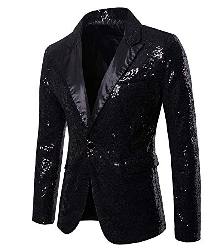 RTGSE Herren glänzende Sequin Blazer Jacke Langarm Glitzer Blazer Knopf Smoking Nachtclub Prom Anzug Blazer Kostüm für die Bühne (Black, XXL) von RTGSE