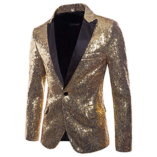 RTGSE Men's Shiny Sequins Jacket Long Sleeve Glitter Blazer One Button Tuxedo Nightclub Prom Suit Blazer Costume for Stage (Gold, Large) von RTGSE