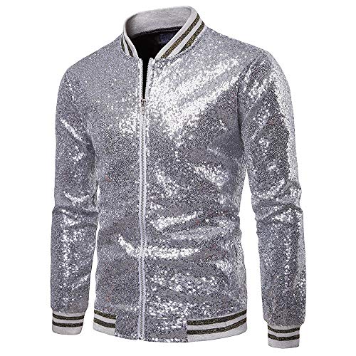 RTGSE Paillettenjacke für Herren mit Reißverschluss, College-Baseball-Bomberjacke, glänzender, Leichter Mantel, Clubwear-Bomberjacke für die Bühne (Silver, Large) von RTGSE