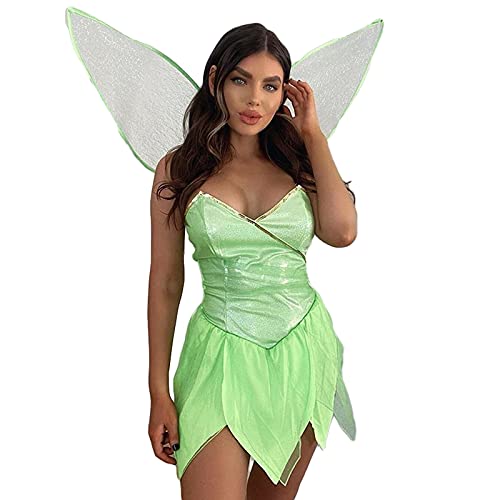 RTGSE Women Forest Fairies Tinkerbell Cosplay Dress Up Costume Sequin Dress Outfits Halloween Christmas Fancy Dress with Wings (A-Green, L) von RTGSE