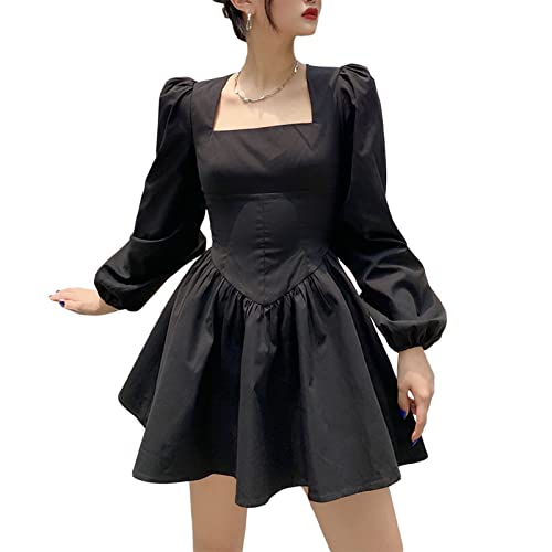 RTGSE Womens Fairycore Tulle Dress Puff Sleeve Princess Mini Dress Square Neck Elegant Hepburn Cocktail Party Short Dress (A-Black, Medium) von RTGSE
