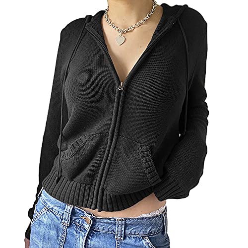 RTGSE Womens Hooded Sweaters Coat Zip Up Knit Hoodies Sweatshirt Crop Sweater Jacket Coat Knitted Cardigan Coat with Pockets (Black, S) von RTGSE