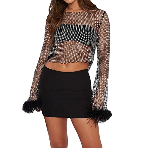 RTGSE Womens Long Sleeve See Through Mesh Crop Top Rhinestones Fishnet Cover Up Hollow Out Sheer Mesh Shirts Top Streetwear (E Black, XL) von RTGSE