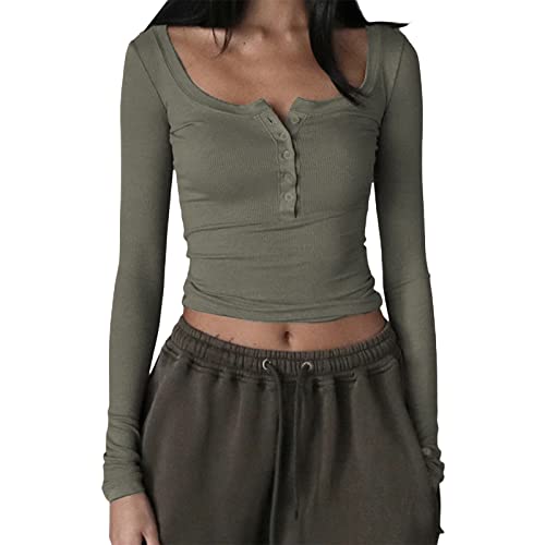 RTGSE Womens Rib Knitted Long Sleeve Crop Tops Vintage Square Neck Rib Knit Blouses Top Button Down Pullover Top Streetwear (Army Green, M) von RTGSE