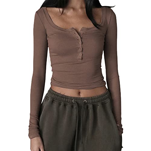 RTGSE Womens Rib Knitted Long Sleeve Crop Tops Vintage Square Neck Rib Knit Blouses Top Button Down Pullover Top Streetwear (Khaki, S) von RTGSE
