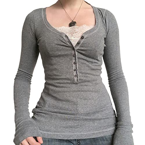 RTGSE Womens Rib Knitted Long Sleeve Crop Tops Vintage Square Neck Rib Knit Blouses Top Button Down Pullover Top Streetwear (U-Grau, S) von RTGSE
