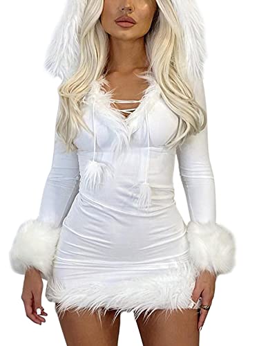 RTGSE Womens Sexy Hooded Dress Furry Hooded Short Dresses Long Sleeve Fur Trim Bodycon Mini Dress Y2K Fluffy Hem Skirt Dress (White, L) von RTGSE