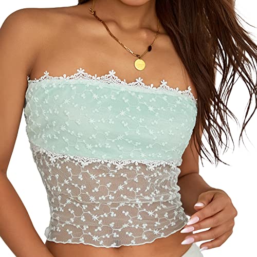 RTGSE Womens Strapless Crop Tops Sexy Boat Neck Vest Top Harajuku Gothic Punk Tube Tops Summer Y2K 90s Streetwear (Floral Lace Green, L) von RTGSE