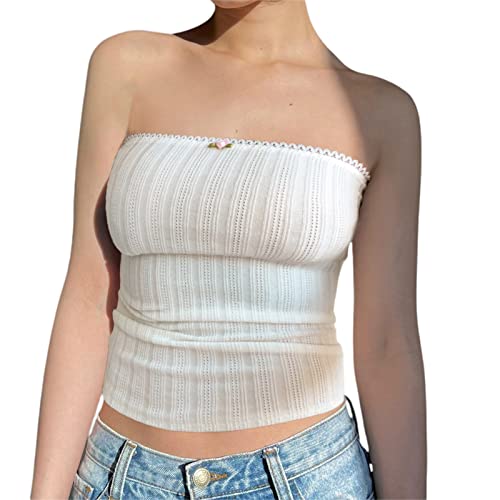 Womens Strapless Crop Tops Sexy Boat Neck Vest Top Harajuku Gothic Punk Tube Tops Summer Y2K 90s Streetwear (Q-White, M) von RTGSE