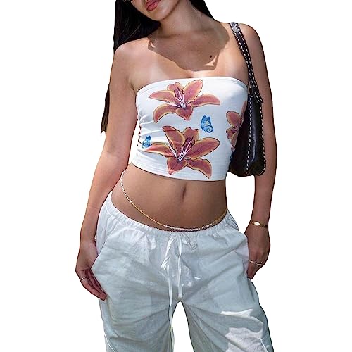 RTGSE Womens Strapless Crop Tops Sexy Boat Neck Vest Top Harajuku Gothic Punk Tube Tops Summer Y2K Tank Tops 90s Streetwear (Flower White, L) von RTGSE