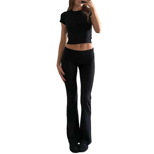 RTGSE Womens Two Peice Pants Set Outfit Casual Tracksuit Short Sleeve Tank Top with Trousers 2 Piece Clothes Set Loungewear (Black, M) von RTGSE