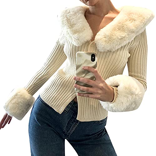 Women Fur Cropped Knit Cardigan Y2K Long Sleeve Faux Fur Solid Color Sweater Vintage Faux Sweater Top (B-Aprikose, Einheitsgröße) von RTGSE