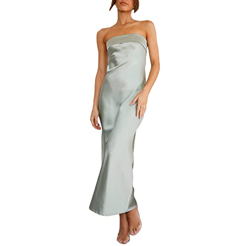 Women Summer Satin Silky Strapless Dress Solid Color Smooth Satin Silk A-Line Backless Midi Dress Clubwear Long Dress (B-Light Green, S) von RTGSE
