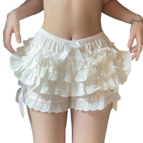 Women Y2K Kawaii Lace Shorts Ruffle Layered Panties Harajuku Lolita Lace Trim Mini Short Pants Sleepwear Sweet Shorts (A White, L) von RTGSE