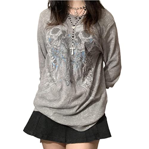 Women Y2K Long Sleeve Crop Top Harajuku Floral Printed T Shirt Blouse E-Girl 90S Vintage Streetwear (Skeleton Grey, S) von RTGSE