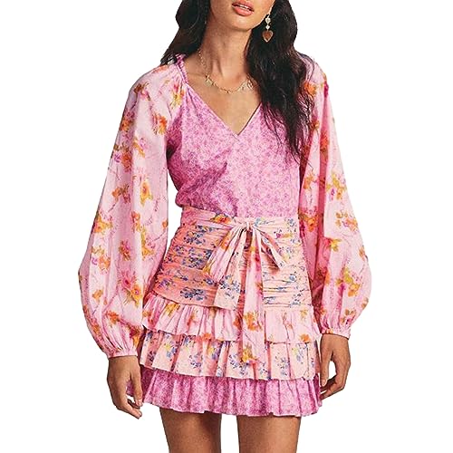 Womens Boho Long Sleeve Short Dress Puff Long Sleeve V-Neck Layered Hem Ruffle Dress Vintage Floral Cocktail Mini Dress (A Pink, L) von RTGSE