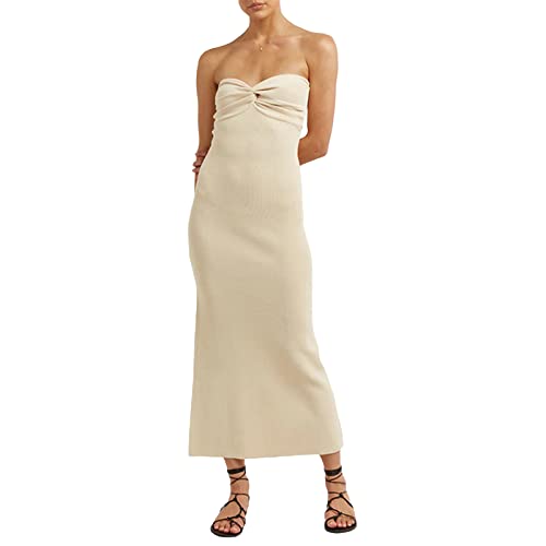 Womens Off Shoulder Ribbed Knit Bodycon Dress Twist Knot Front Tube Dress Strapless Sleeveless Party Cocktail Maxi Dress (Apricot, Large) von RTGSE