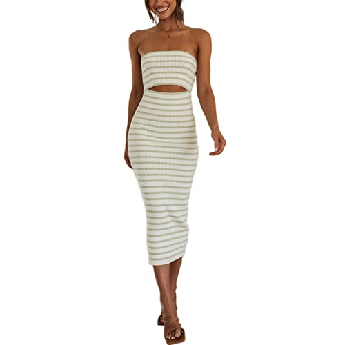 Womens Off Shoulder Ribbed Knit Bodycon Dress Twist Knot Front Tube Dress Strapless Sleeveless Party Cocktail Maxi Dress (C Green Stripes, M) von RTGSE