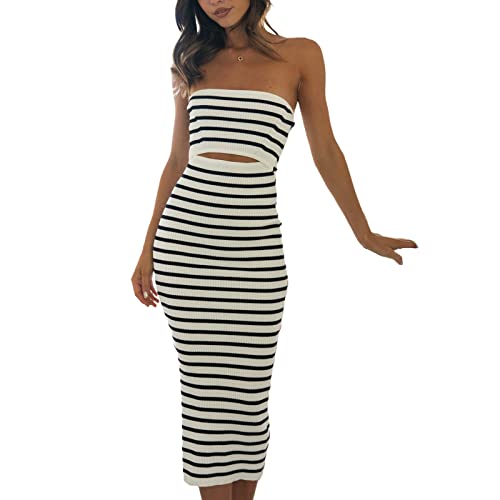 Womens Off Shoulder Ribbed Knit Bodycon Dress Twist Knot Front Tube Dress Strapless Sleeveless Party Cocktail Maxi Dress (C Striped, M) von RTGSE