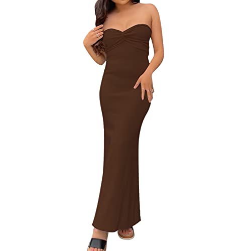 Womens Off Shoulder Ribbed Knit Bodycon Dress Twist Knot Front Tube Dress Strapless Sleeveless Party Cocktail Maxi Dress (Coffee, Medium) von RTGSE