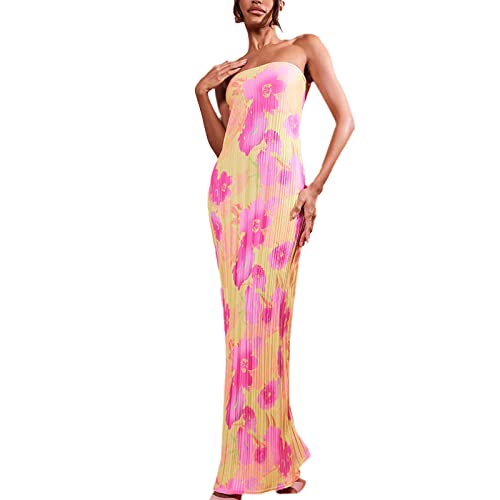 Womens Off Shoulder Ribbed Knit Bodycon Dress Twist Knot Front Tube Dress Strapless Sleeveless Party Cocktail Maxi Dress (Dark Pink Floral, S) von RTGSE