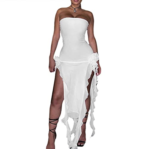 Womens Off Shoulder Ribbed Knit Bodycon Dress Twist Knot Front Tube Dress Strapless Sleeveless Party Cocktail Maxi Dress (Q-White, S) von RTGSE