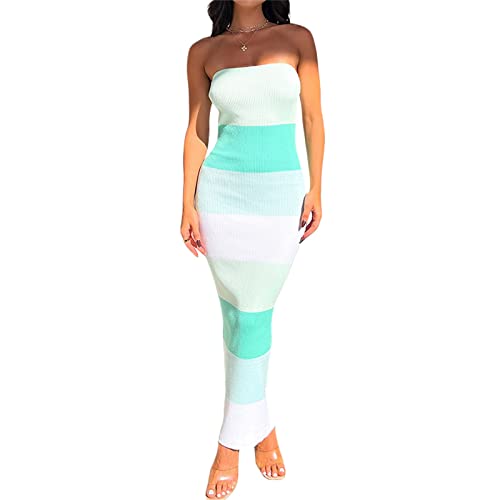 Womens Off Shoulder Ribbed Knit Bodycon Dress Twist Knot Front Tube Dress Strapless Sleeveless Party Cocktail Maxi Dress (Striped Green, L) von RTGSE