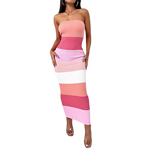 Womens Off Shoulder Ribbed Knit Bodycon Dress Twist Knot Front Tube Dress Strapless Sleeveless Party Cocktail Maxi Dress (Striped Pink, L) von RTGSE