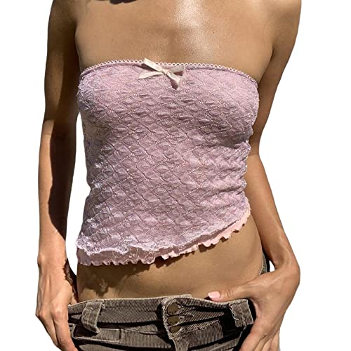 Womens Strapless Crop Tops Sexy Boat Neck Vest Top Harajuku Gothic Punk Tube Tops Summer Y2K 90s Streetwear (Rosa Pink, M) von RTGSE