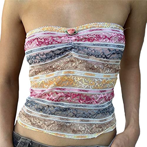 Womens Strapless Crop Tops Sexy Boat Neck Vest Top Harajuku Gothic Punk Tube Tops Summer Y2K 90s Streetwear (Rose Red Striped, S) von RTGSE