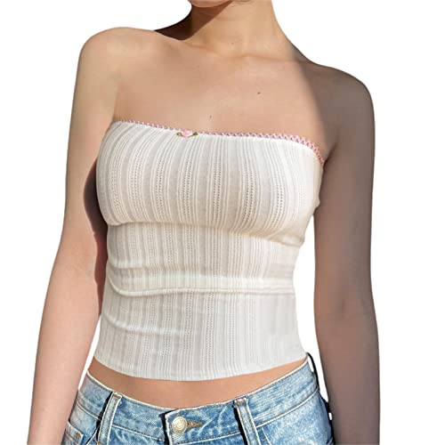 Womens Strapless Crop Tops Sexy Boat Neck Vest Top Harajuku Gothic Punk Tube Tops Summer Y2K Tank Top 90s Streetwear (A Lace White Pink, L) von RTGSE